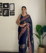 Blue georgette bollywood style thread and sequance embroidery work girlie saree