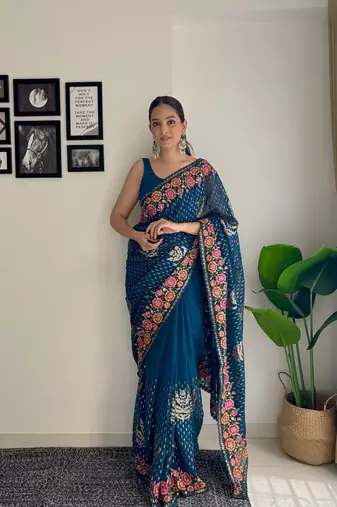 Teal georgette bollywood style thread and sequance embroidery work girlie saree