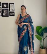 Teal georgette bollywood style thread and sequance embroidery work girlie saree