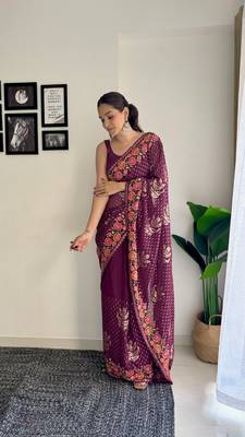 Wine georgette style thread and Sequin embroidery work girlie saree 1