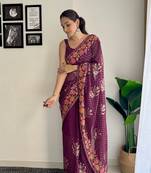 Wine georgette bollywood style thread and sequance embroidery work girlie saree
