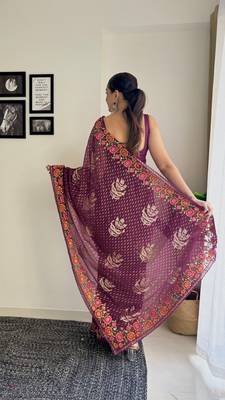 Wine georgette style thread and Sequin embroidery work girlie saree 2
