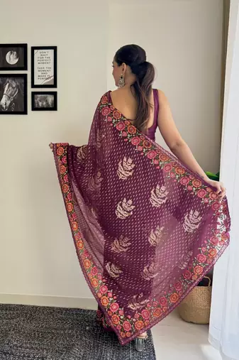 Wine georgette style thread and Sequin embroidery work girlie saree