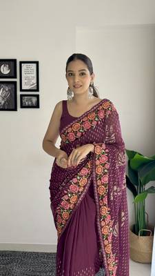 Wine georgette style thread and Sequin embroidery work girlie saree 3