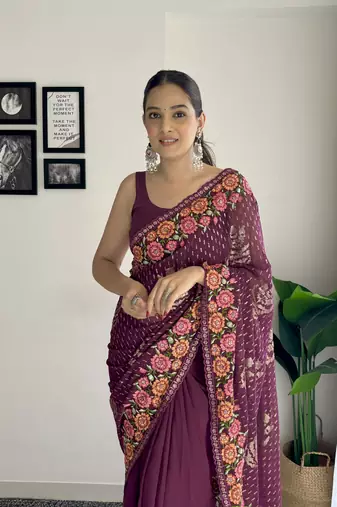 Wine georgette style thread and Sequin embroidery work girlie saree