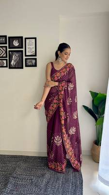 Wine georgette style thread and Sequin embroidery work girlie saree 4