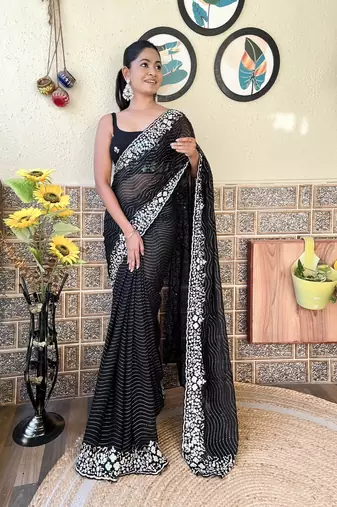 Black georgette heavy sequins embroidery work partywear graceful saree