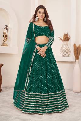 Teal Green Zari Sequins Embroidered Georgette Designer Lehenga Choli For Bride 1