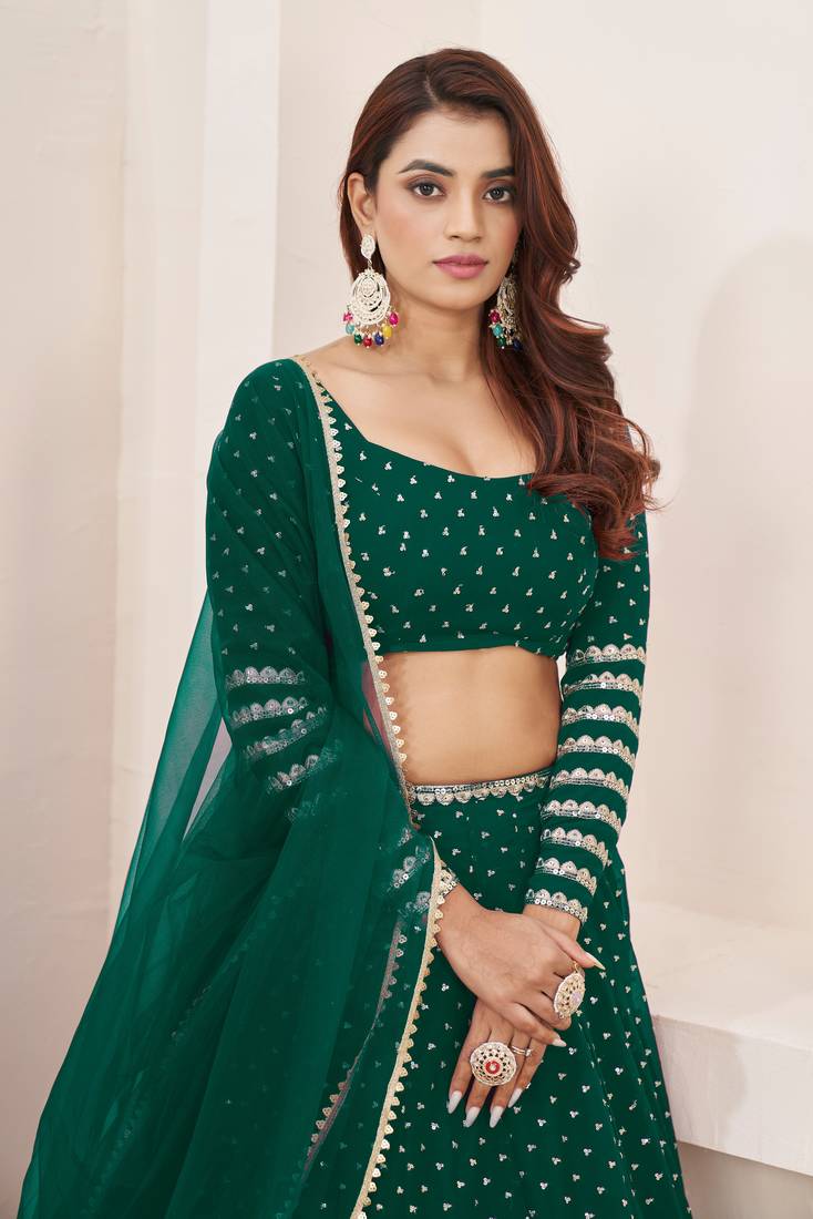 Teal Green Zari Sequins Embroidered Georgette Designer Lehenga Choli For Bride