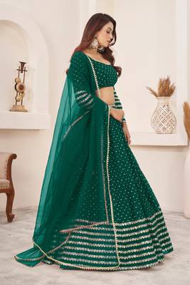 Teal Green Zari Sequins Embroidered Georgette Designer Lehenga Choli For Bride 3