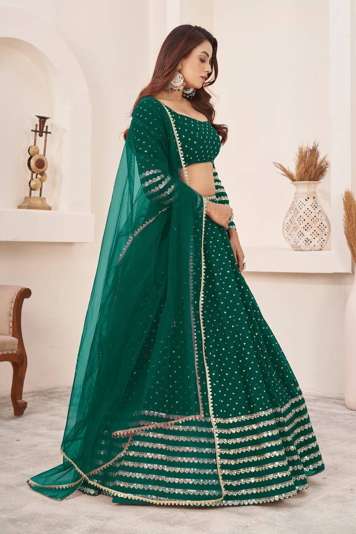 Teal Green Zari Sequins Embroidered Georgette Designer Lehenga Choli For Bride