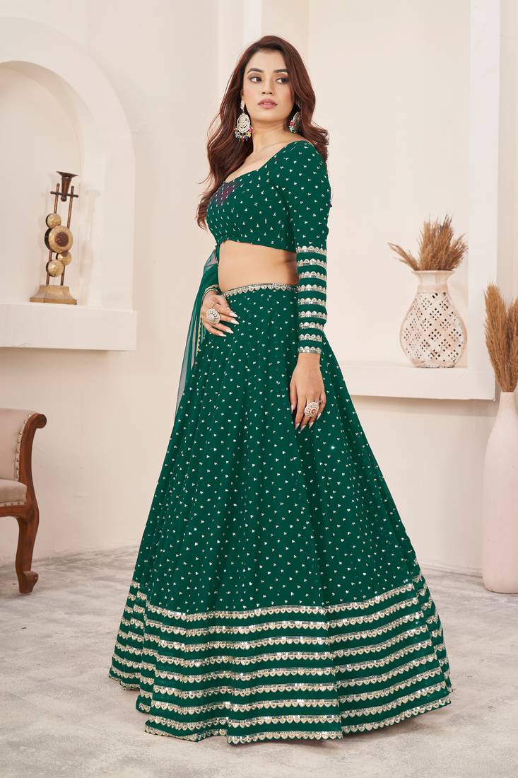 Teal Green Zari Sequins Embroidered Georgette Designer Lehenga Choli For Bride