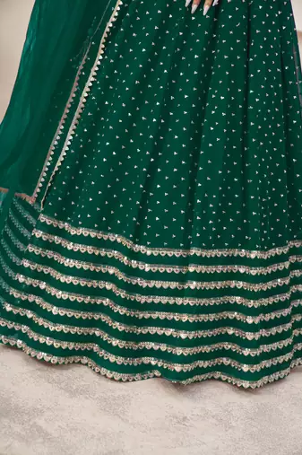 Teal Green Zari Sequins Embroidered Georgette Designer Lehenga Choli For Bride