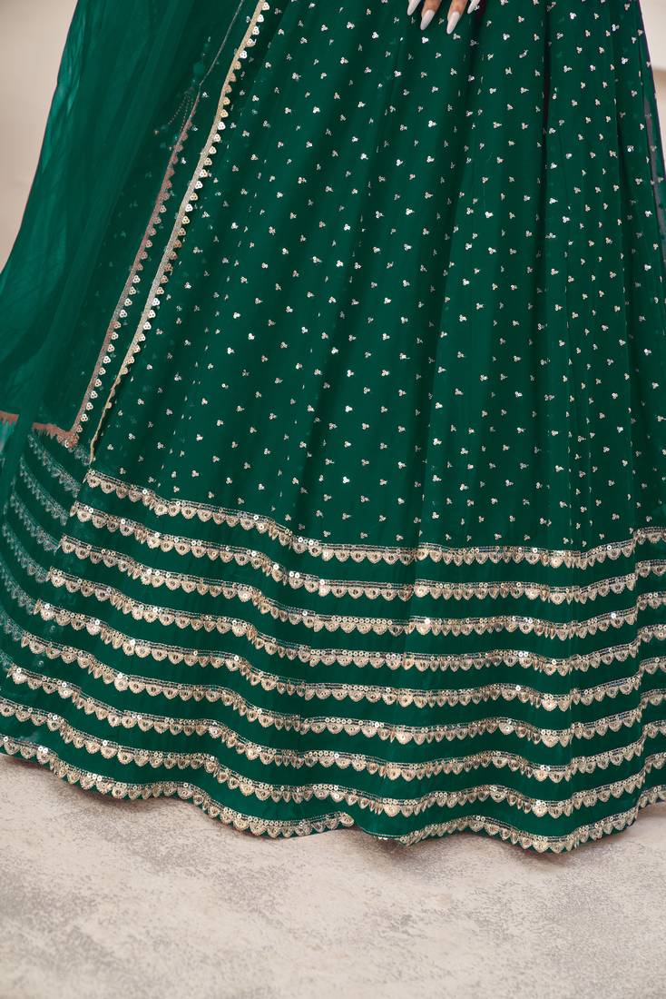 Teal Green Zari Sequins Embroidered Georgette Designer Lehenga Choli For Bride