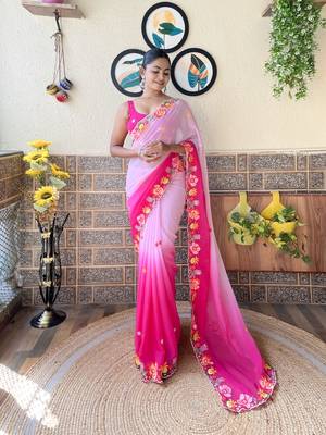 Pink georgette saree with style pedding and embroidery work 1