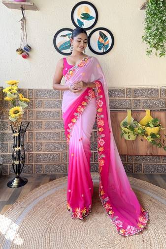Pink georgette saree with bollywood style pedding and embroidery work
