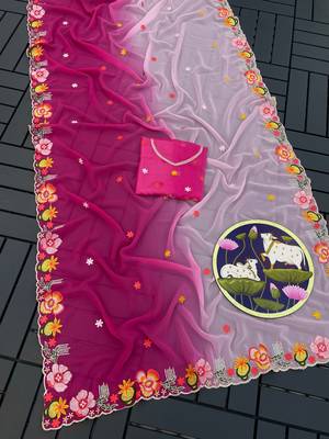 Pink georgette saree with style pedding and embroidery work 2