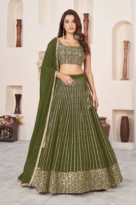Olive Green Colored Zari Sequins Embroidered Georgette Indian Lehenga Dress Designs 1