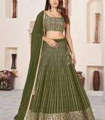 Olive Green Colored Zari Sequins Embroidered Georgette Indian Lehenga Dress Designs