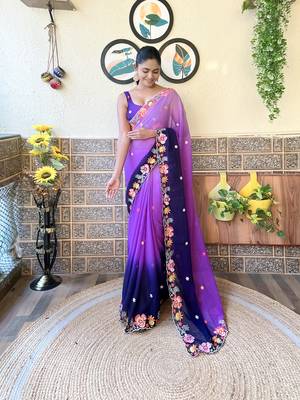 Purple georgette saree with style pedding and embroidery work 1