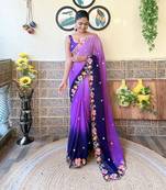 Purple georgette saree with bollywood style pedding and embroidery work