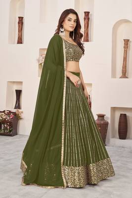 Olive Green Colored Zari Sequins Embroidered Georgette Indian Lehenga Dress Designs 2