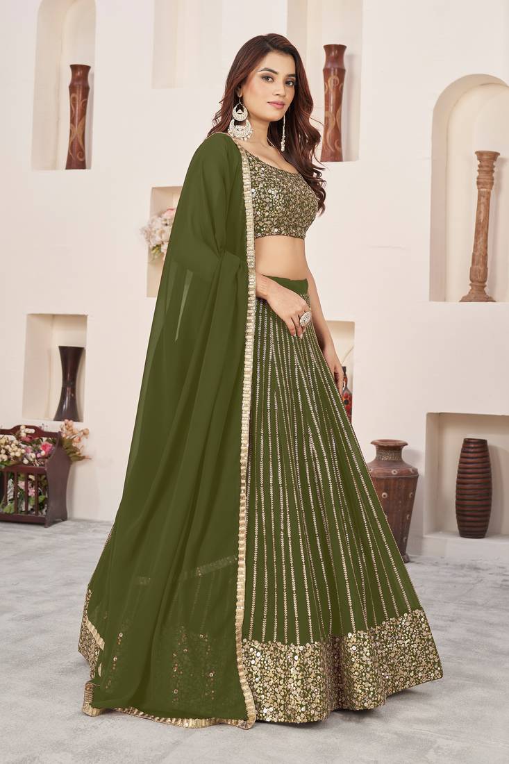 Olive Green Colored Zari Sequins Embroidered Georgette Indian Lehenga Dress Designs