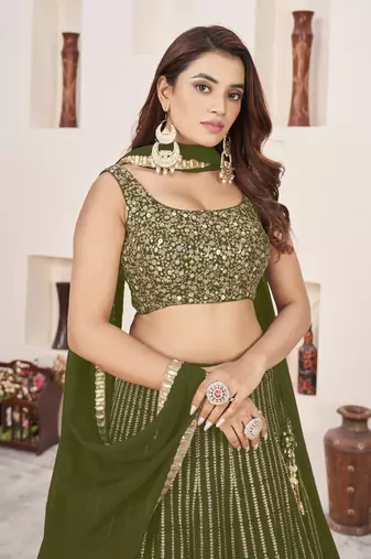 Olive Green Colored Zari Sequins Embroidered Georgette Indian Lehenga Dress Designs