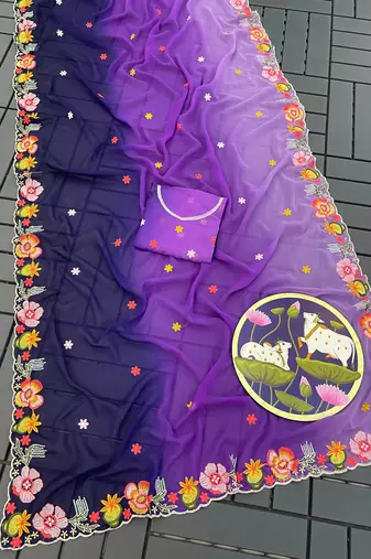 Purple georgette saree with style pedding and embroidery work