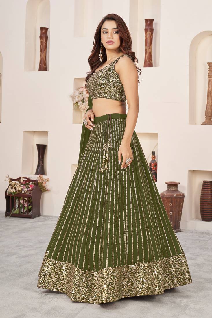 Olive Green Colored Zari Sequins Embroidered Georgette Indian Lehenga Dress Designs