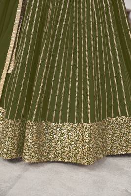 Olive Green Colored Zari Sequins Embroidered Georgette Indian Lehenga Dress Designs 5