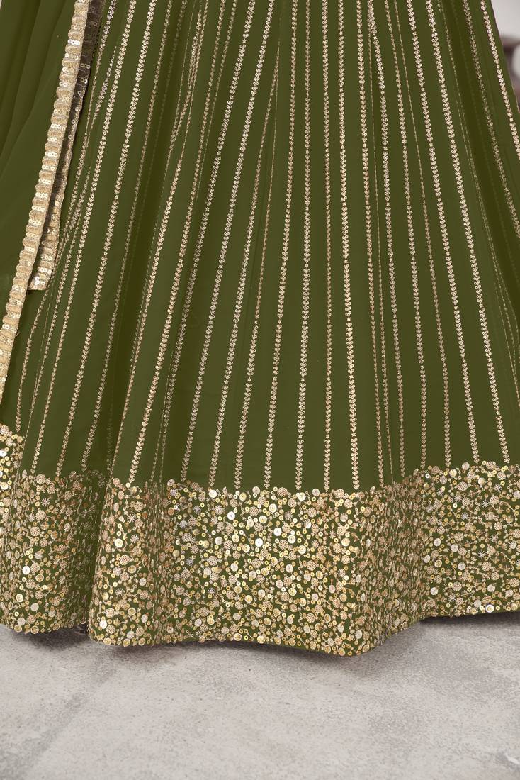 Olive Green Colored Zari Sequins Embroidered Georgette Indian Lehenga Dress Designs