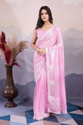 Glamorous twill net c pink designer sequance embroidery work trendy saree
