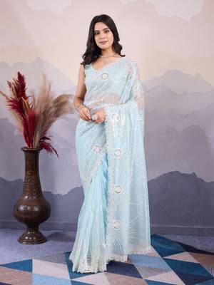 Glamorous twill net c sea green Sequin embroidery work trendy saree 1