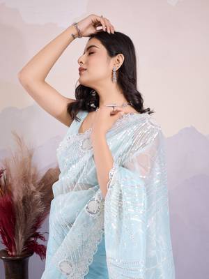 Glamorous twill net c sea green Sequin embroidery work trendy saree 3