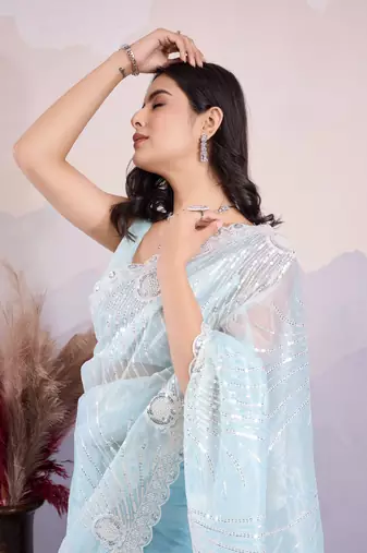 Glamorous twill net c sea green Sequin embroidery work trendy saree