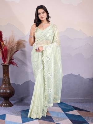 Glamorous twill net c pista designer sequance embroidery work trendy saree 1