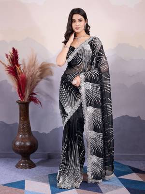 Glamorous twill net c black designer sequance embroidery work trendy saree 1