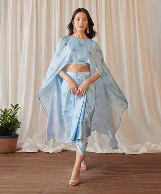 Sky blue cape sleeved top & slit skirt set 1
