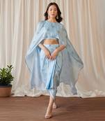 Sky blue cape sleeved top & slit skirt set