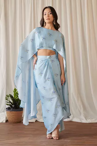Sky blue cape sleeved top & slit skirt set
