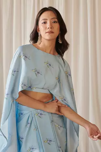 Sky blue cape sleeved top & slit skirt set