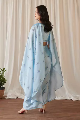Sky blue cape sleeved top & slit skirt set