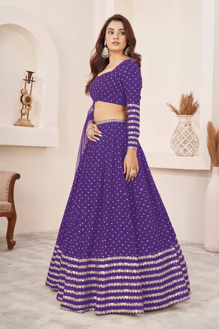 Gorgeous Violet Zari Sequins Embroidered Georgette Designer Indian Lehenga Choli Designs