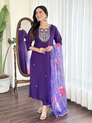 Violet viscosee chanderi embroidery work with printed ethnic readymade salwar kameez 1