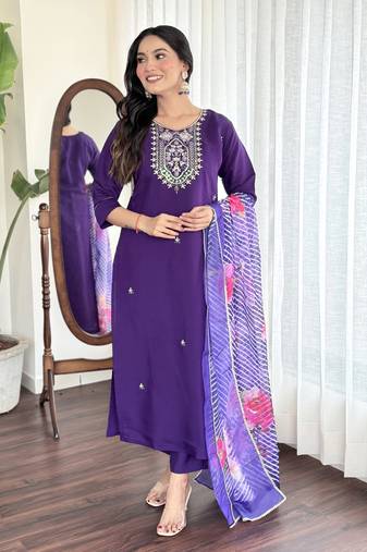 Violet viscose chanderi designer embroidery work with printed ethnic readymade salwar kameez