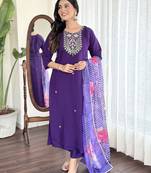Violet viscosee chanderi embroidery work with printed ethnic readymade salwar kameez