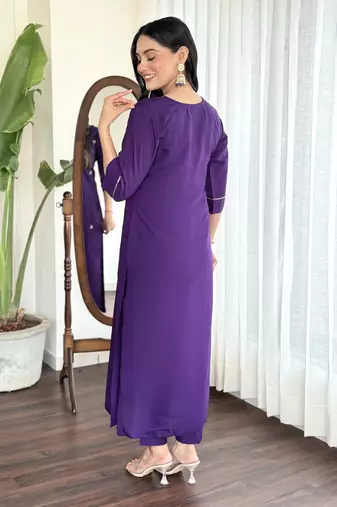 Violet viscosee chanderi embroidery work with printed ethnic readymade salwar kameez