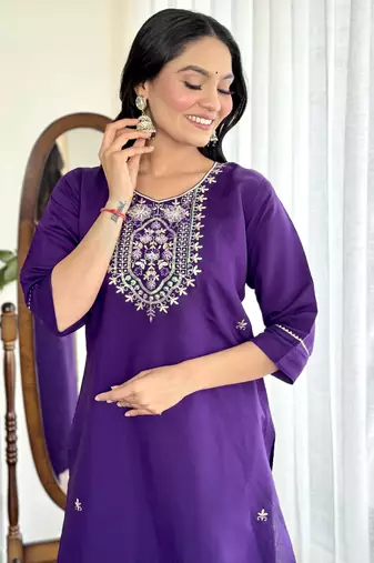 Violet viscosee chanderi embroidery work with printed ethnic readymade salwar kameez