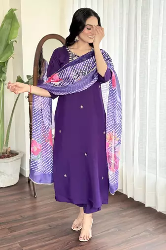 Violet viscosee chanderi embroidery work with printed ethnic readymade salwar kameez
